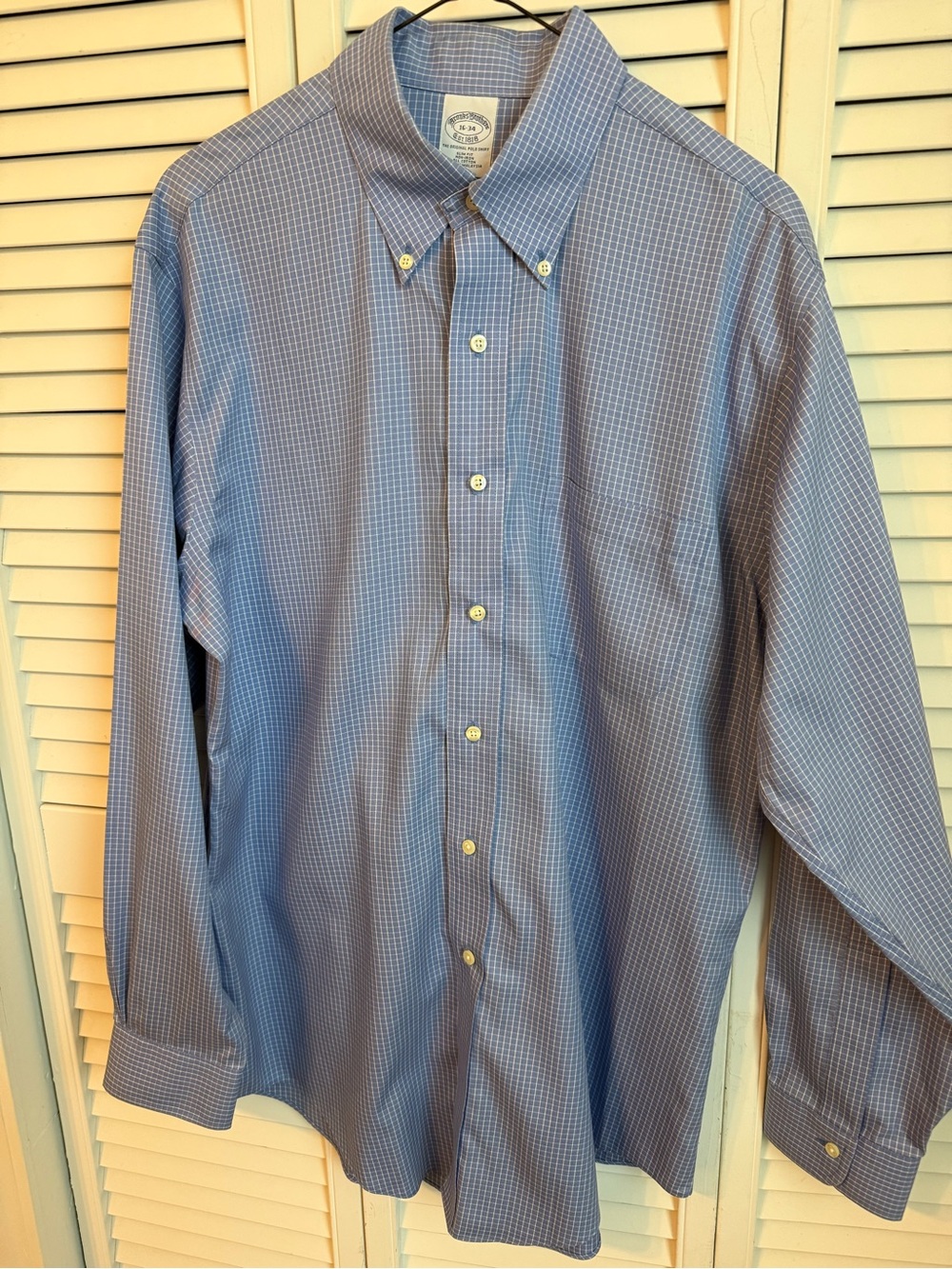 Brooks Brothers Dress Shirt Mens 16 34 Blue Micro Check Slim Fit Non Iron Cotton